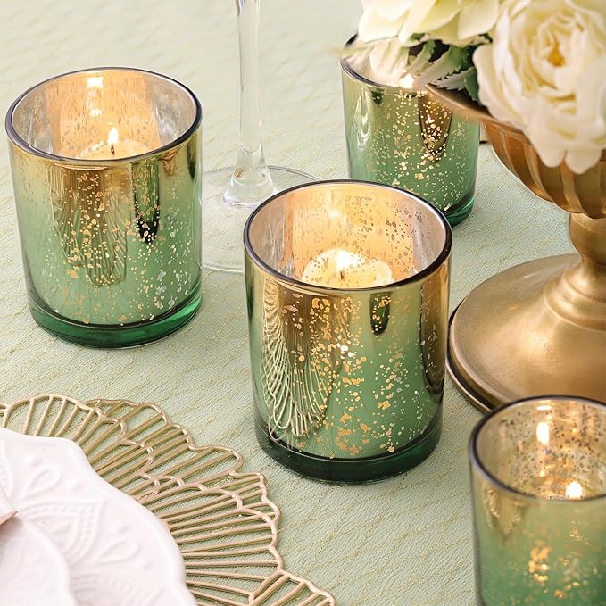 Volens 12pcs Assorted Green Votive Candle Holders, Large Speckles Mercury Glass Votive & Tealight Candle Holder Bulk for Wedding Table Centerpiece, Green and Gold Themed Party Decorations