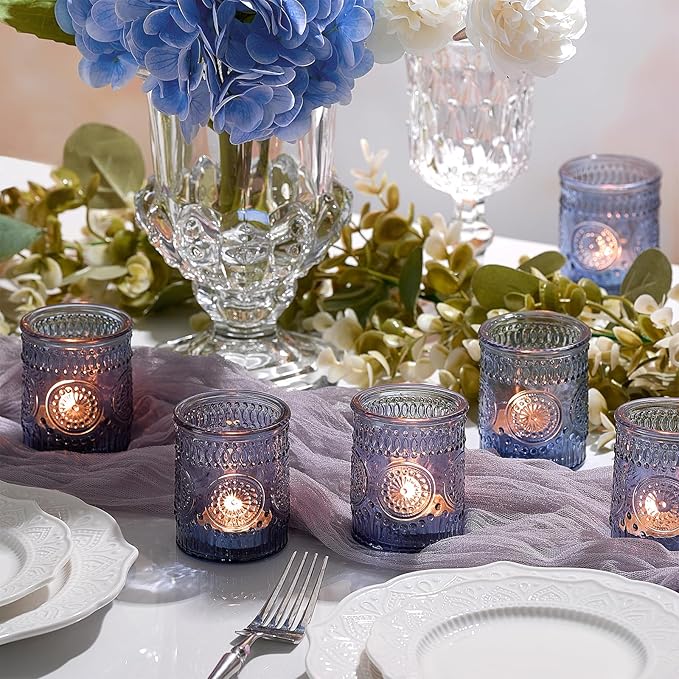 30 Pack Clear Glass Votive Candle Holders, Vintage Candle Holder Bulk, Tealight Candle Holders for Table Centerpieces, Home, Bridal Shower, Birthday, Christmas, Thanksgiving Party Table Decor (Blue)