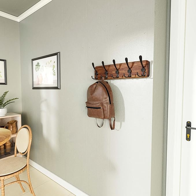 SKOLOO Rustic Wall Mounted Coat Rack: 16" Hole to Hole, Pine Real Wood Plank Wall Coat Rack with 5 Triple Hooks, Farmhouse Coat Hanger Wall Mount for Hanging Backpack Jacket Coat Hat