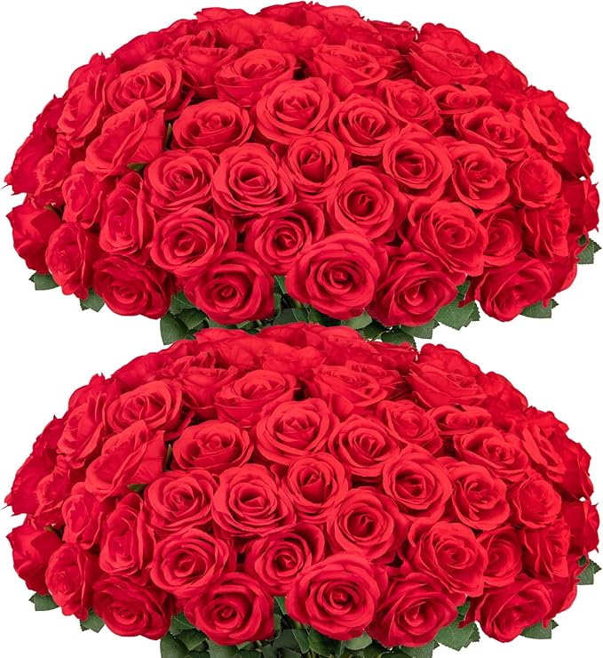Ouddy Decor 50 Pcs Artificial Red Roses Bulk Realistic Fake Silk Flowers with Long Stems for Wedding Bridal Bouquet DIY Table Centerpieces Arrangement Valentines Home Decor