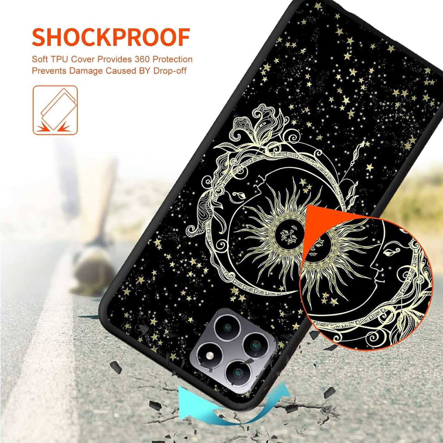 Rossy for Boost Mobile Celero 5G Plus Case - Slim Soft TPU Silicone Shockproof Protective Cover with Glitter Moon Sun
