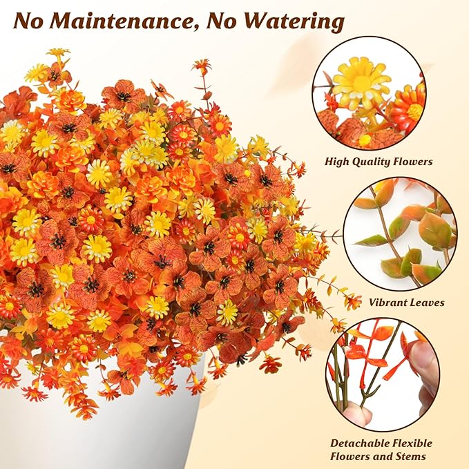 Artificial Fake Mums Flowers Plants for Outdoors Autumn Fall Decoration,16 Bundles Faux mums Mix Silk Glory UV Sun Resistant, Realistic Fall Flowers for Planter Porch Patio Yard Balcony Home Decor