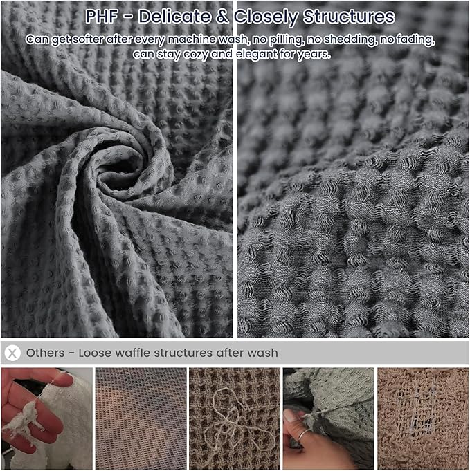 PHF Pre-Washed Cotton Waffle Weave Blanket Throw Size for Couch Bed,Snag Proof Spring Summer Lightweight Breathable,Oeko-TEX Certified,Machine Washable, Home Decor Gift，Charcoal