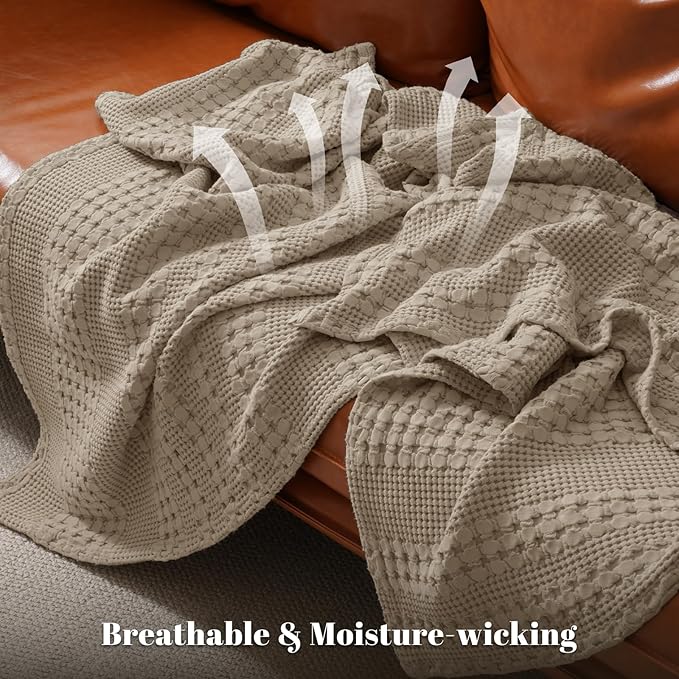 PHF 100% Cotton Waffle Weave Blanket Twin Size for Bed, Soft Lightweight & Breathable, All-Season Comfort, Luxury Aesthetic Woven Bedding for Home Decor, 66"x90", Taupe