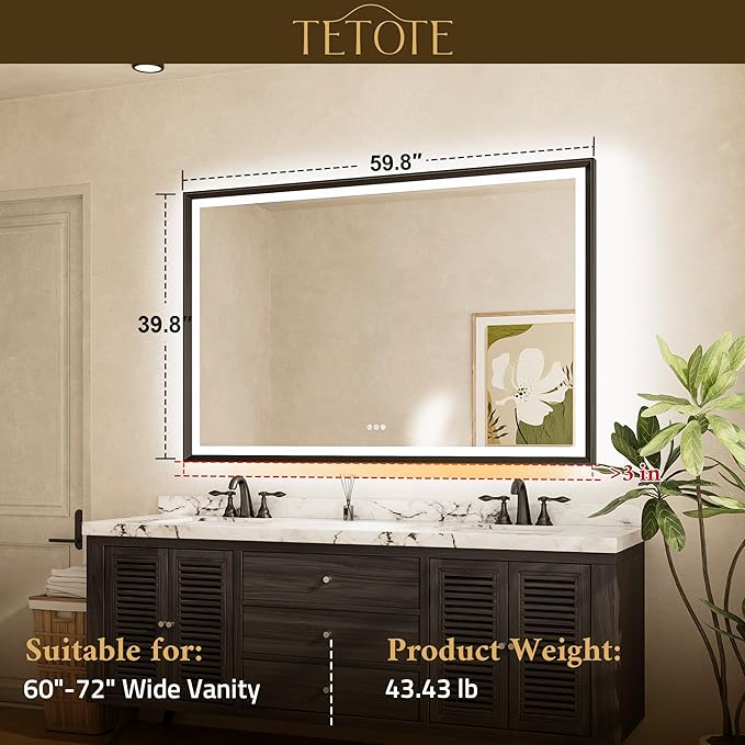 TETOTE 60x40 LED Bathroom Mirror with Lights Gold Frame Frontlit & Backlit Lighted Vanity Mirror Baroque Anti Fog Dimmable White/Warm/Natural,CRI90+,Waterproof,Wall Mounted(Horizontal/Vertical)