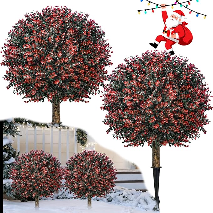 2 Pack Xmas Artificial Boxwood Topiary Ball Tree with Spike Christmas Yard Decoration, 24" Outdoor Faux Shrub Bushes Topiaries Plant, UV Resistant Fake Boxwood Plants for Porch Potted Planter Pathway
