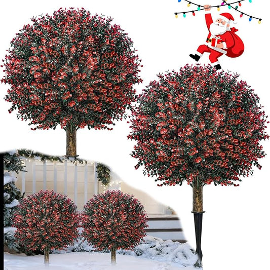 2 Pack Xmas Artificial Boxwood Topiary Ball Tree with Spike Christmas Yard Decoration, 24" Outdoor Faux Shrub Bushes Topiaries Plant, UV Resistant Fake Boxwood Plants for Porch Potted Planter Pathway
