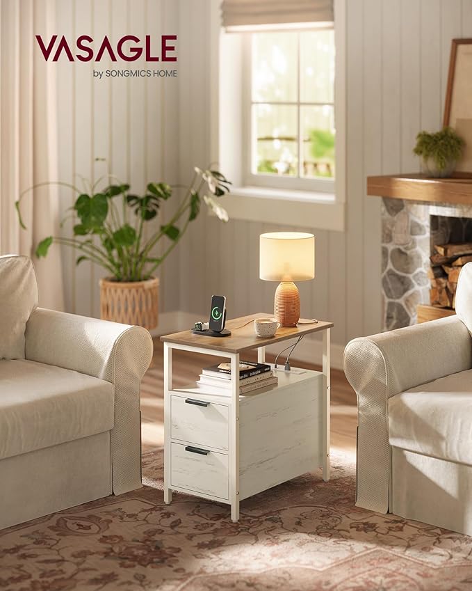 VASAGLE Side End Table with Charging Station, Slim Nightstand with 2 Drawers, Narrow Bedside Table for Living Room, Small Spaces, Honey Brown and Rustic White ULET321W01S