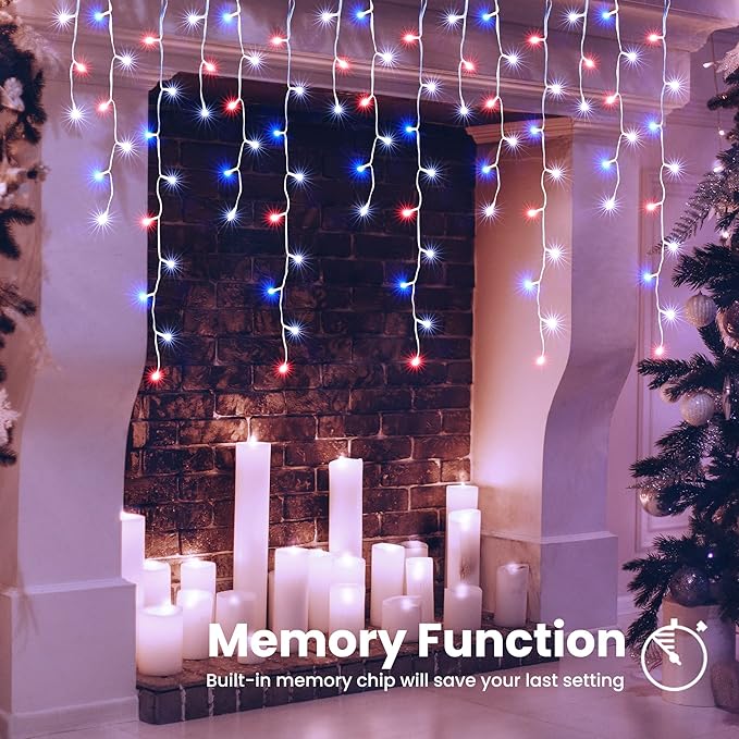 Toodour Red White Blue Christmas Icicle Lights, 29.5ft 360 LED Icicle Lights, 8 Modes, 60 Drops, Window Curtain Led Christmas Light, Icicle Twinkle Light for Eaves, Party, Wedding, Xmas Decorations