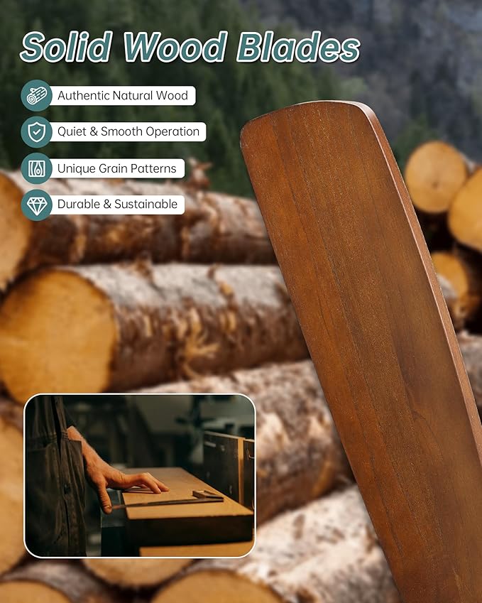 Sofucor 52 Inch Smart Ceiling Fan Without Lights Flush Mount Solid Wood Ceiling Fan with Alexa/Google Assistant/APP/Remote Control-Modern Outdoor Ceiling Fans No Light for Bedroom/Patio, Brown Black