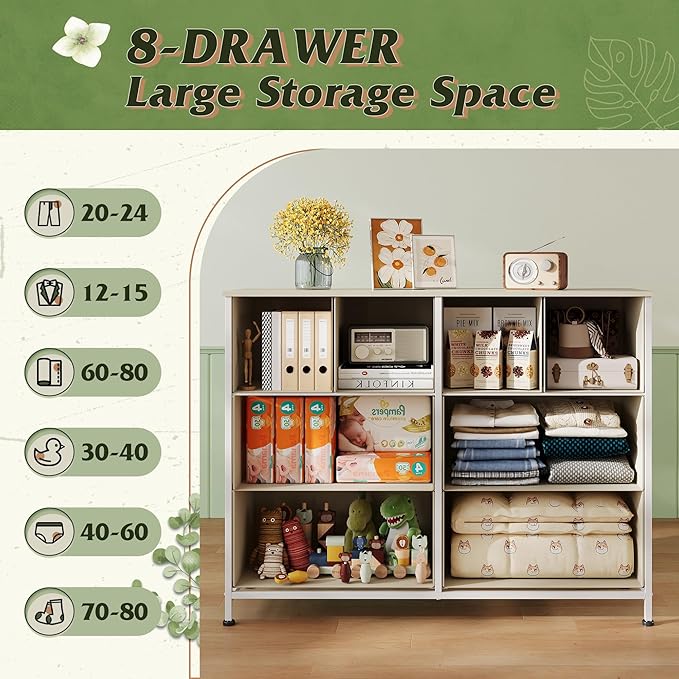 WLIVE 8 Drawer Dresser for Bedroom, Wide Fabric Dresser Storage Organizer, Chest of Drawers with Wood Top, Sturdy Steel Frame, Dressers for Living Room, Closet, Hallway, Light Grey