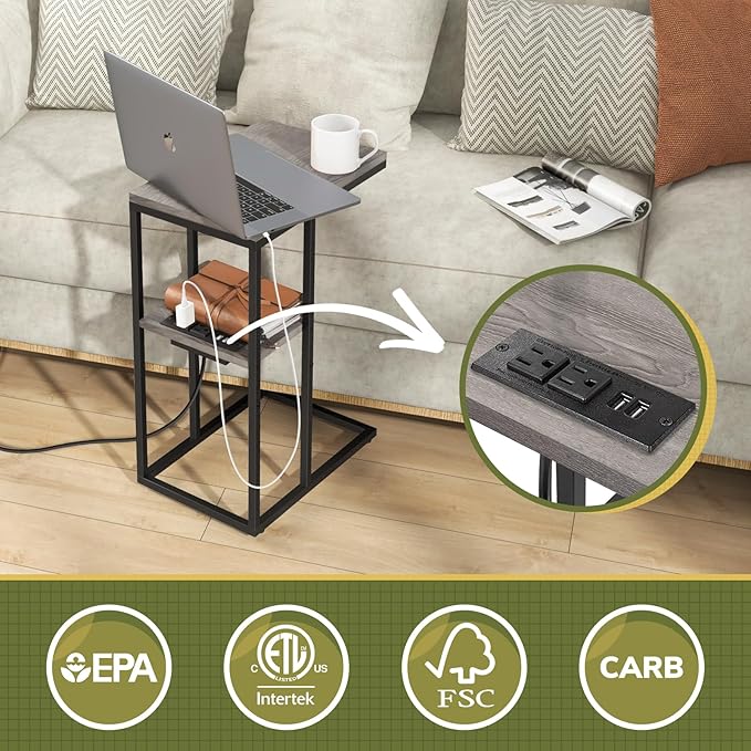 Yoobure LED C Shaped End Table with Charging Station, Small Side Tables for Living Room Bedroom, TV Tray Table with USB Ports and Outlets for Small Spaces, C Table for Couch Sofa, Bed Side Table