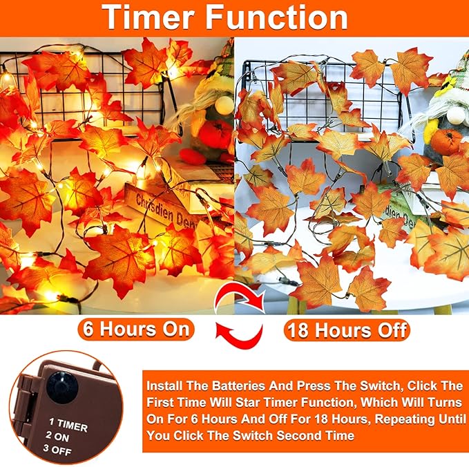 Timer & Thicker Leaves - 2 Pack Fall Garland with Lights Thanksgiving Fall Decorations for Home Total 80 Leaves 40LED 13Ft Battery Operated Lighted Thanksgiving Garland Home Indoor Outdoor Christmas