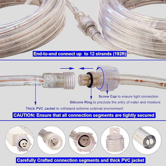 Blue LED Lights, 16ft Rope Lights, Connectable and Flexible Blue Strip Lighting, High Brightness 3528 LEDs with Clear PVC Jacket, Waterproof Weatherproof for Indoor Outdoor Use