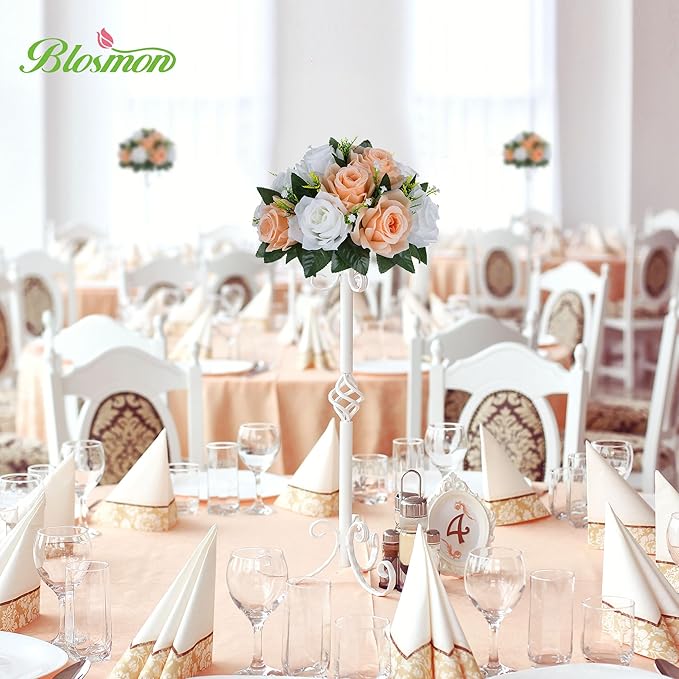 BLOSMON Rose Flower Balls Centerpieces: 6pcs 9.5 Inch Peach Fuzz Fake Flowers Kissing Balls Decor Artificial Wedding Floral Arrangements Silk Bouquet with Base Home Party Room Table DIY Decorations