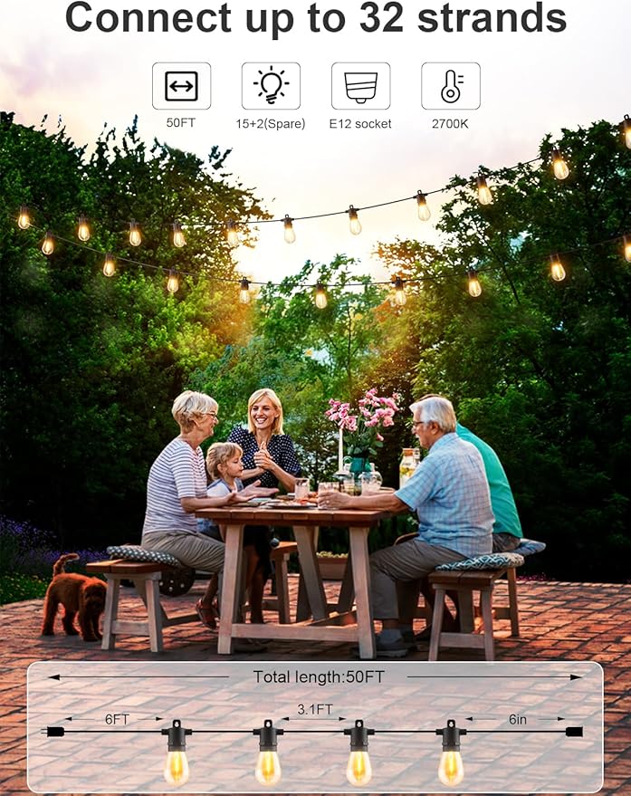 Svater Outdoor String Lights 50 FT, Patio Light for Outside with Shatterproof LED Bulbs, IP65 Waterproof Connectable Hanging Lights for Backyard, Bistro, Cafe, Balcony, Party, Black