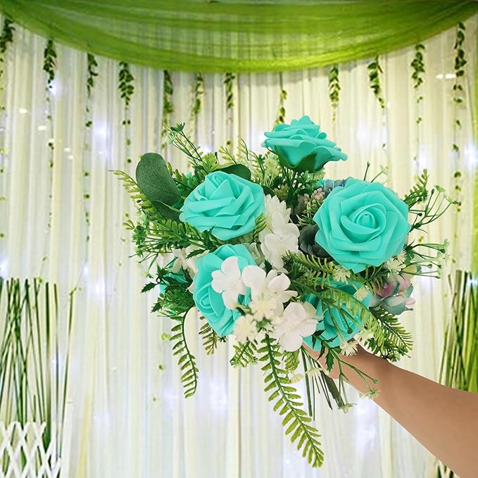 Artificial Rose Flowers 25pcs, Turquoise Blue Foam Fake Rose Faux Flower for Wedding Bouquets Bridal Shower Centerpieces Floral Arrangements Home Decorations Party Backdrops Table