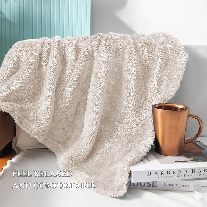 Exclusivo Mezcla Plush Fuzzy Fleece Bed Blanket Twin Size, Super Soft, Fluffy and Warm Blankets, Suitable for All Seasons (Beige, 90x66 Inches)