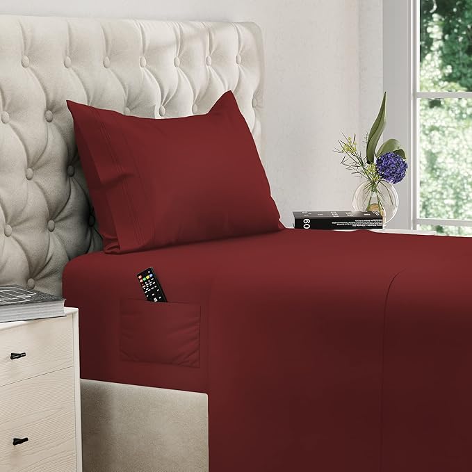 DREAMCARE Twin XL Sheet Sets – 3pcs Cooling Sheets – up to 15” Deep Pocket Twin XL Sheets Set – Hotel Luxury Sheets & Pillowcases – Superior Softness 100% Fine Microfiber with Side Pocket – Burgundy