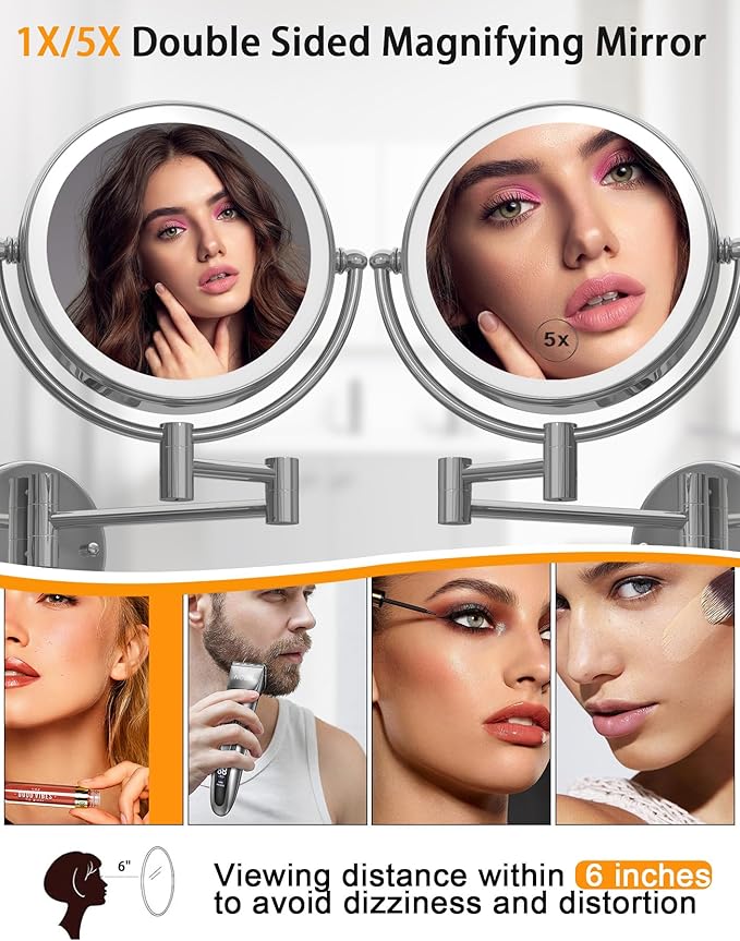 Wall Mounted Makeup Mirror with Lights Hardwired, 1/5X Magnifying Double Sided Touch Dimming, 360 Rotation Extension Arm Shaving Light up Mirror for Bathroom, Chrome
