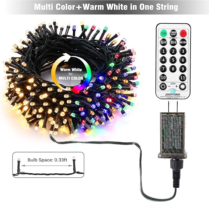 Brizled Christmas Tree Lights, 2 Pack 65.67ft 200 LED Color Changing Christmas String Lights with Remote, 11 Modes Warm White & Multicolor Xmas Light Connectable Light String for Xmas Tree Home Party