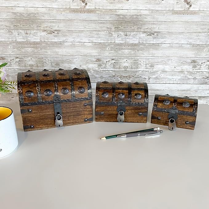 Nautical Cove Handmade Pirate Treasure Chest for Kids Prizes & Classroom with Lock and Skeleton Keys – Lockable Wooden Storage Chest Box, Pirate Decor, Decorative Wooden Box - X-Small 6.5x4.5x4.5