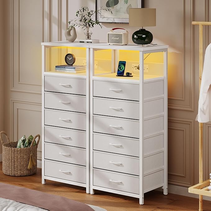 Seventable Night Stand with Charging Station, Tall Nightstand with 6 Fabric Storage Drawers, Side Table with LED Light for Bedroom, Entryway, White