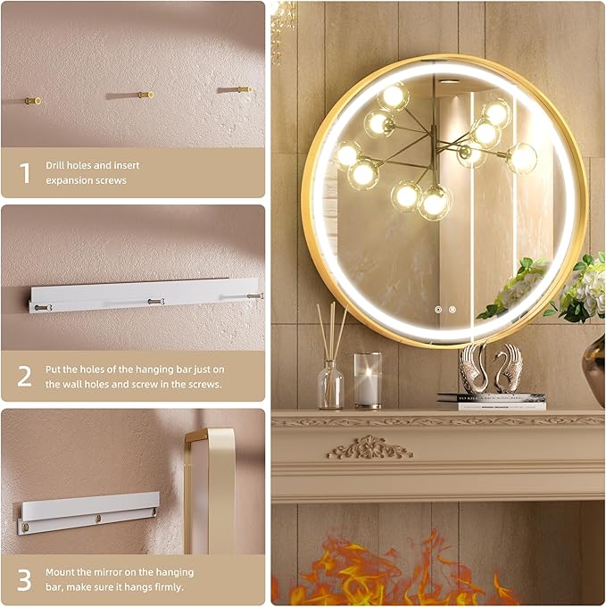 Hasipu 32 Inch Round LED Lighted Mirror for Bathroom with Lights, Gold Circle Vanity Mirror for Wall, Metal Framed Frontlit Bathroom Mirrors Anti-Fog, Dimmable, 3 Colors Makeup Mirror Wall Mounted