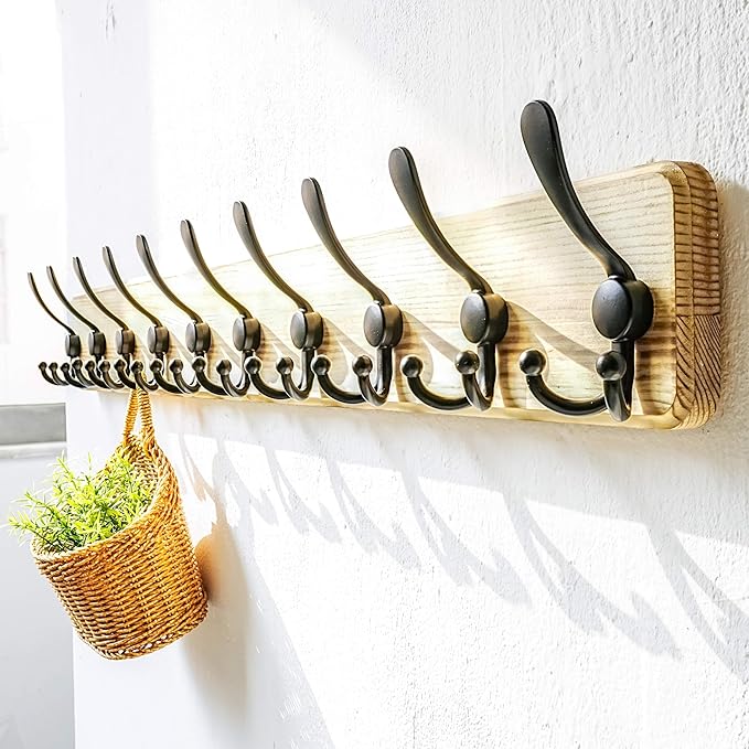 Dseap Coat Rack Wall - Heavy-Duty 38-1/4" Long, with Reinforced 10 Custom Tri-Hooks, Solid Wood Wall Hanger for Coats Hat Jackets - Rustic Farmhouse Entryway Hallway Storage, Light Brown & Black