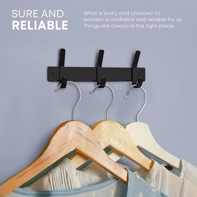 Matte Black Small Coat Rack Wall Mount – 9 Inch Stainless Steel Hook Rail with 3 Double Coat Hooks – Wall Mounted Entryway Organizer for Coats, Hats, Bags, Towels, Robes, Closet or Bathroom - 2 Pack