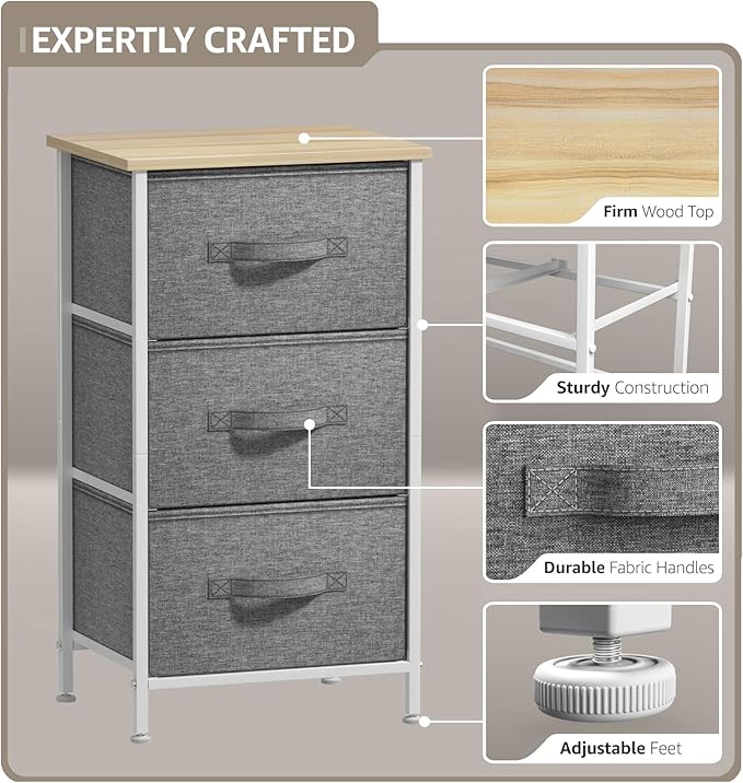 Sorbus Nightstand with 3 Drawers - Bedside Furniture & Night Stand End Table Dresser with Steel Frame, Wood Top, Easy Pull Fabric Bins for Home, Bedroom Accessories, Office & Dorm