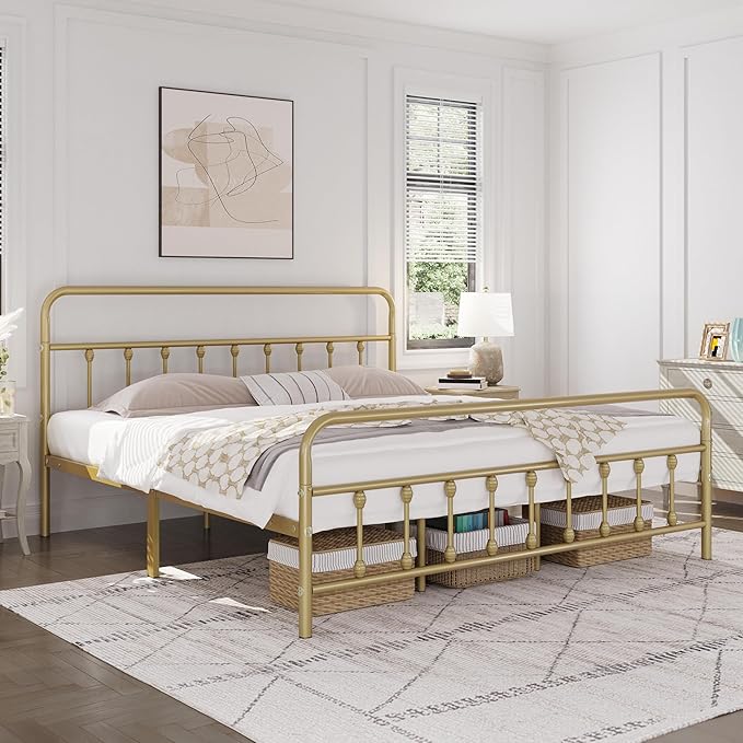 Yaheetech Classic Metal Platform Bed Frame Mattress Foundation with Victorian Style Iron-Art Headboard/Footboard/Under Bed Storage/No Box Spring Needed/King Size Antique Gold