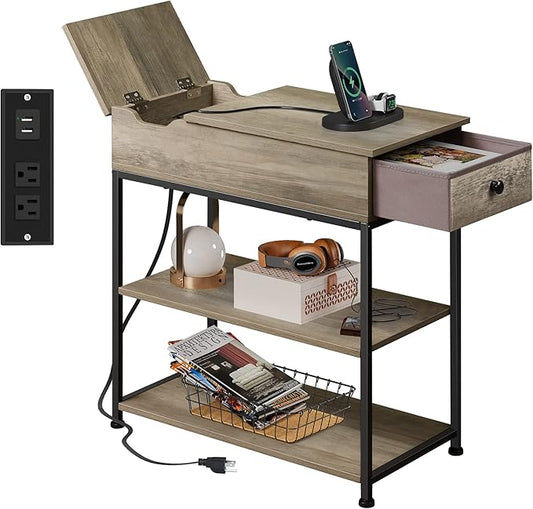 WLIVE Narrow Side Table with 2 USB Ports and 2 Outlets, Flip Top End Table with Drawer and Storage Shelves, Small Nightstand with Charging Station for Living Room/Bedroom, Greige