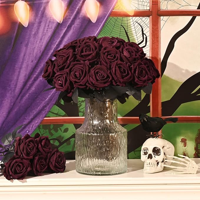 BLEUM CADE 50 Pcs Black Roses Artificial Flowers, Real Touch Velvet Roses Fake Flowers Bulk, Artificial Roses Bouquet with Long Stems for DIY Table Centerpiece Halloween Decorations