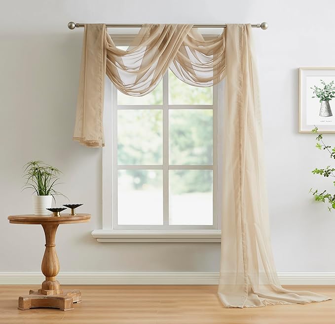 LinenZone Brown Window Scarf Valance in 360 Inch Size. Use Window Scarves as Canopy Bed or Backdrop Curtains, Curtain Scarf, or Sheer Fabric for Draping. (Amazing 55 x 360, Taupe)