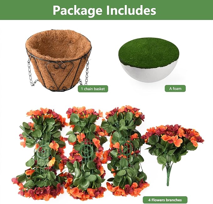 Artificial Fake Hanging Plants Flowers Basket for Fall Autumn Outdoor Decoration,Faux Silk Begonia in Planter UV Resistant Realistic for Outside Home Porch Patio Balcony Yard Decor