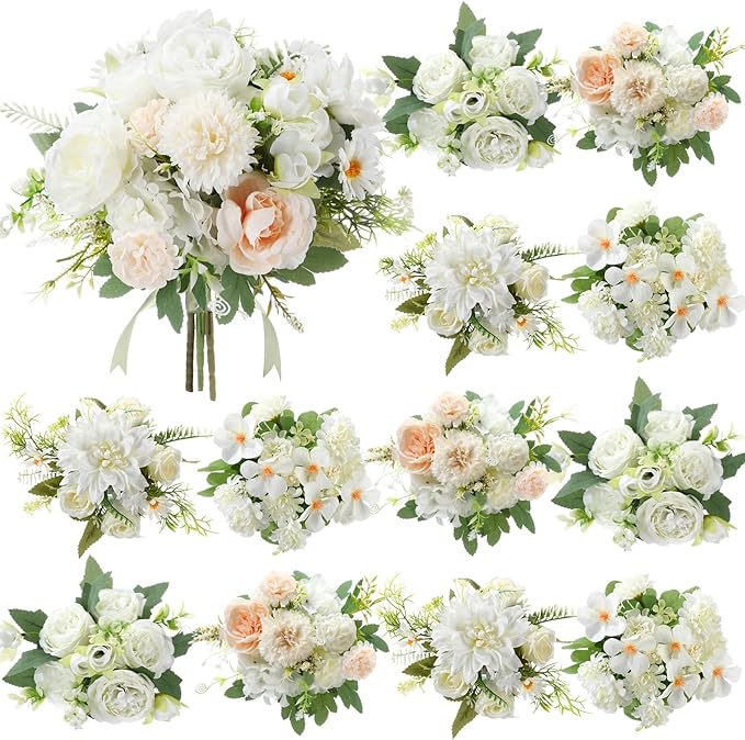 Zeyune 12 Bundles Artificial Peonies Flowers Artificial Silk Rose Faux Dahlia Fake Chamomile Hydrangea Bouquet Bulk for Vase Home Wedding Centerpiece Party Decoration(Cream White,Classic)