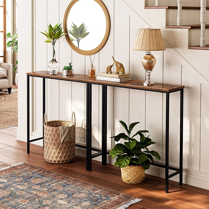 HOOBRO 2 Pack Narrow Console Table, 29.5" Small Entryway Table, Thin Sofa Table, Display Table, for Hallway, Bedroom, Living Room, Foyer, Rustic Brown and Black BF75XGP201