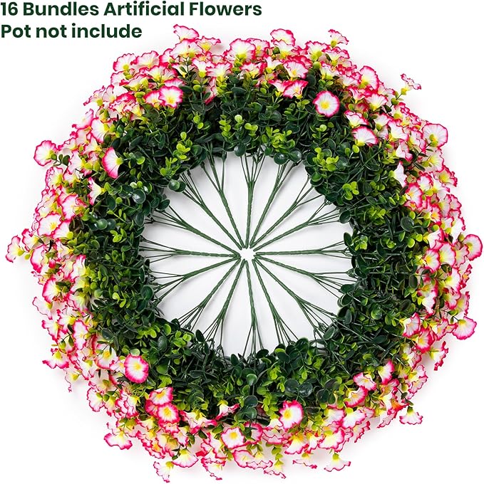 Artificial Faux Flowers for Outdoor 16 Bundles Boxwood Fake Morning Glory for Planter,UV Resistant Fake Flowers for Home Porch Patio Outside（Pink）