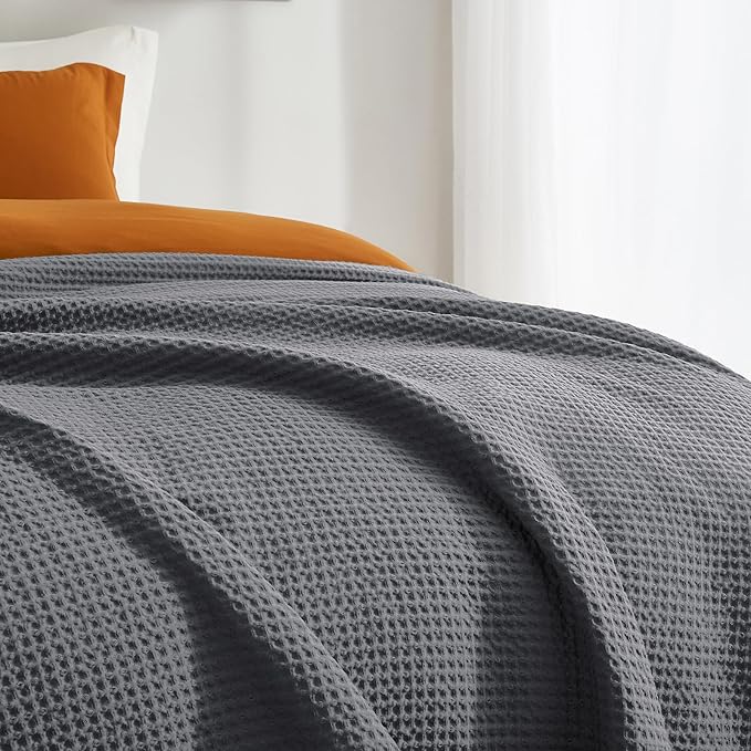 PHF Pre-Washed Cotton Waffle Weave Blanket Throw Size for Couch Bed,Snag Proof Spring Summer Lightweight Breathable,Oeko-TEX Certified,Machine Washable, Home Decor Gift，Charcoal