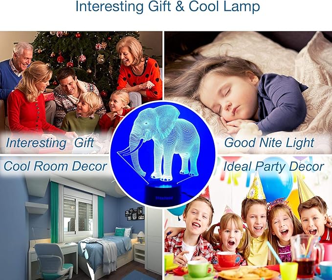 Elephant 3D Decor Lamp with Remote, Toys for Girls Boys Room, 7 Colors Changing Night Light Bedside Gifts for Kids Baby