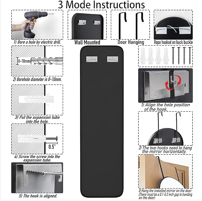 47x14 Mirror Rectangle Full Body Length Door Hanging Wall Mounted Metal Frame Dressing Make-up Mirrors for Entryway Bedroom Bathroom Living Room 47 14 inch Black