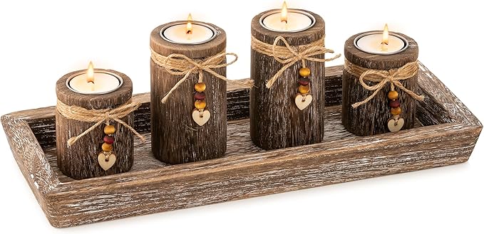 Farmhouse Coffee Table Decor Candle Holder - Romadedi Boho Wooden Tray with 4 Tealight Candles Holders for Tables Centerpiece Home Decorations Living Room Fireplace Kitchen