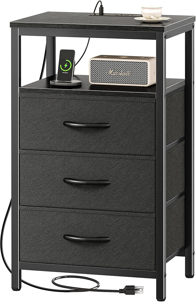 Huuger Nightstand with Charging Station, 27.6 Inch Side Table with Fabric Drawers, End Table Bedside Table with USB Ports and Outlets, Night Stand for Bedroom, Black