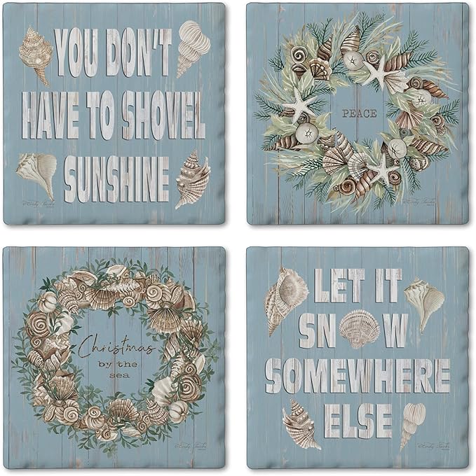 Thirstystone Let It Snow 4 Pack Assorted Tumbled Tile Stone Coasters with Protective Cork Backing 4" Square Manufactured in The USA