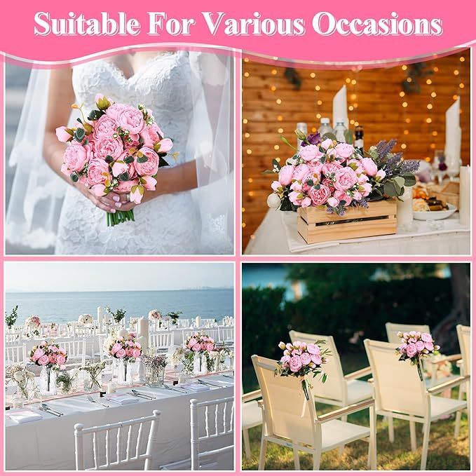 Hoteam 24 Bundles Artificial Peonies Flowers Wedding Faux Flowers Silk Peony Bouquet Bulk Bride Fake Florals Arrangements for Table Centerpieces Wedding Party Vase Decor (Light Pink)