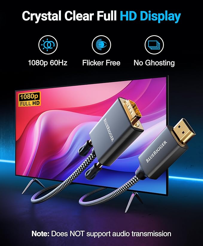 BlueRigger 10FT HDMI to VGA Cable (1080P, 60Hz) - Compatible with Desktop, Laptop, Monitor, Projector, HDTV