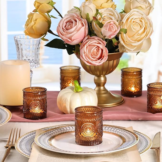 DEVI 48 Pcs Amber Votive Candle Holders Bulk, Boho Fall Wedding Party Decorations, Glass Tea Lights Candle Holder, Christmas Thanksgiving Party Home Table Decor