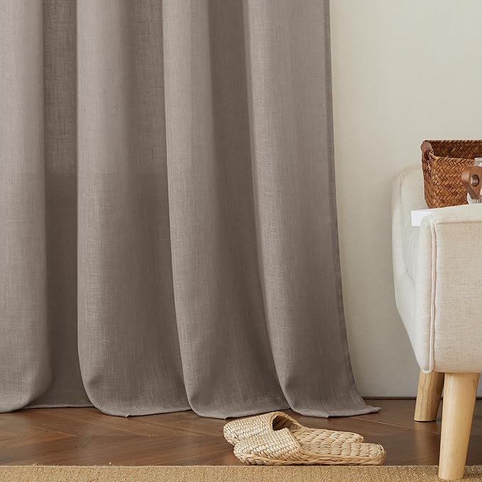 RYB HOME Solid Semi Sheer Curtains Rod Pocket Living Room/Bedroom, Linen Sheer Light Filtering Curtains 72 inches Long, Birch Brown, W 52 x L 72 inch Length, 1 Pair