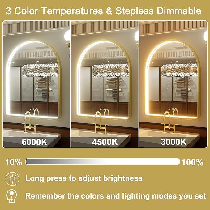 24x36 Inch Arched Gold LED Mirror for Bathroom, Adjustable 3000K/4500K/6000K, Wall Mounted Framed Lighted Bathroom Vanity Mirror with Lights, Anti-Fog, Dimmable, Memory Function